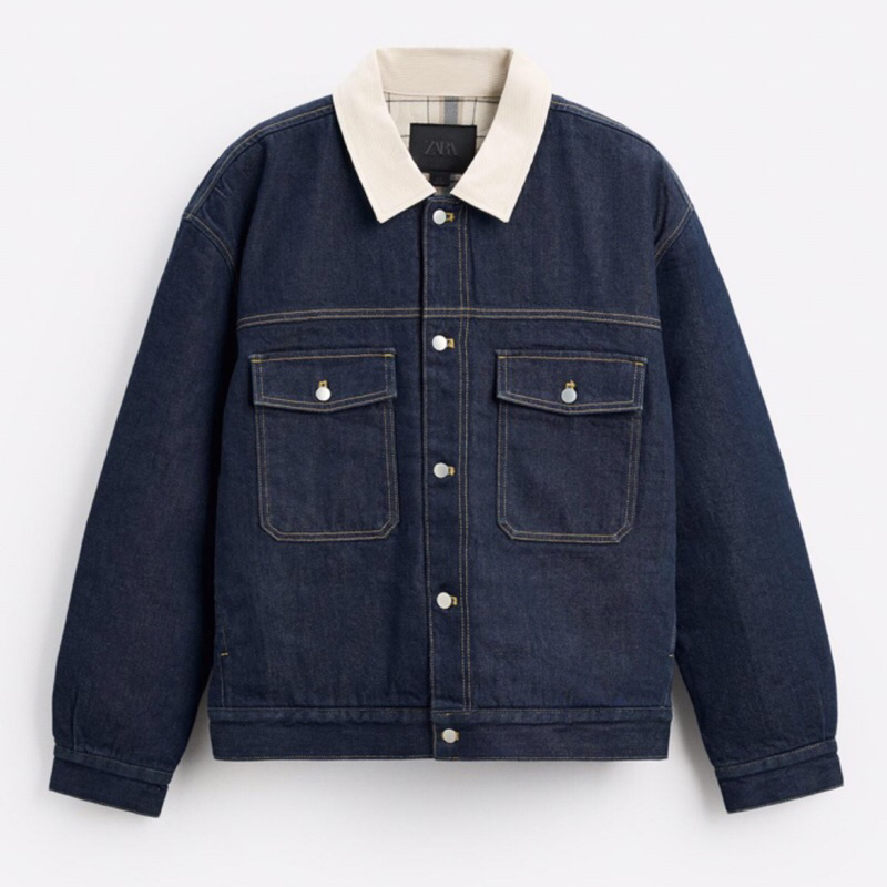 ZARA Men Denim Jacket With Contrast Collar Jaket Pria Blue