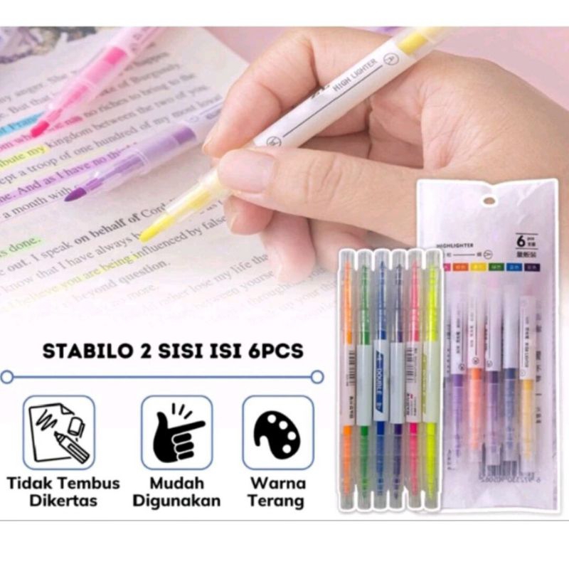 

stabillo stabilo 2 sisi isi 6 pcs highlighter colorful (perlengkapan alat tulis kantor sekolah)