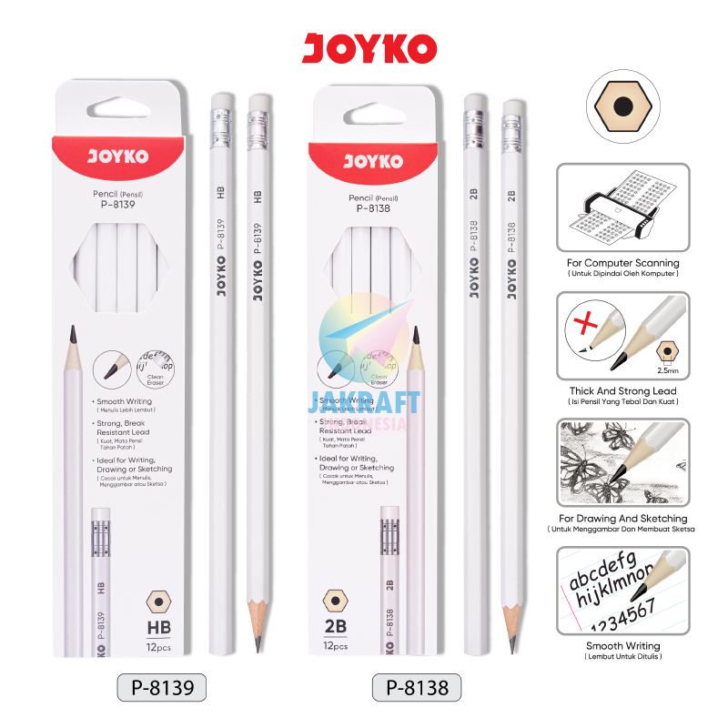 

(12 Pcs) Pensil Tulis + Penghapus JOYKO P-8138 [2B] | P-8139 [HB] Putih Susu White Hexagonal Pencil w/ Rubber Eraser Serbaguna Murah Banget Berkualitas