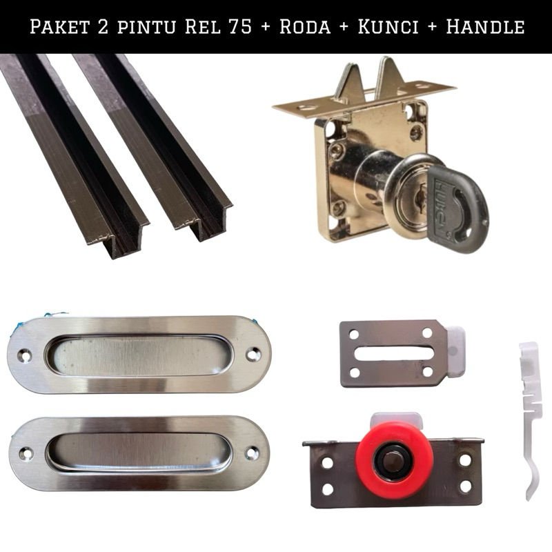 Set Rel Lemari sliding Model Tanam 75 2 Pintu,Rel Lemari Geser Lengkap Dengan Roda Kunci Handle