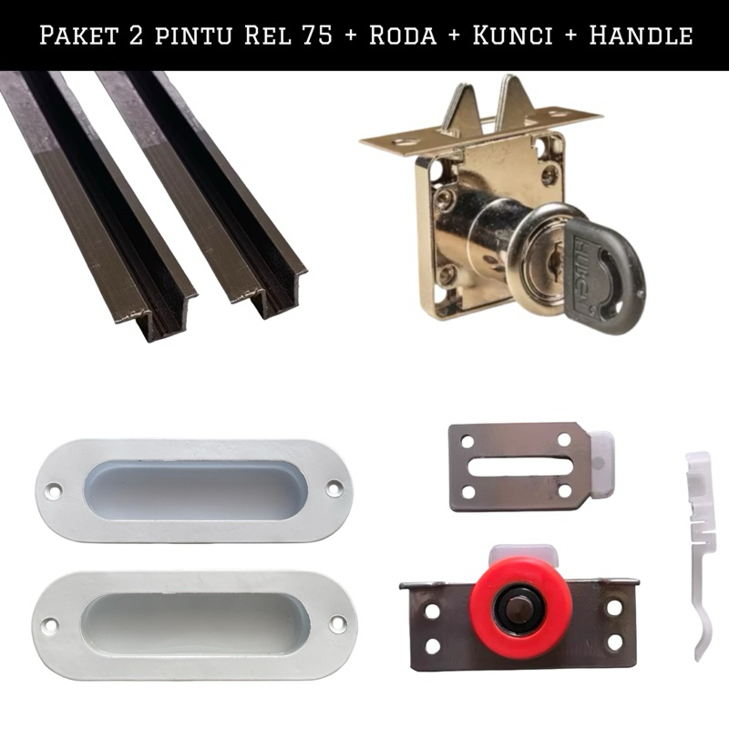 Set Rel Lemari sliding Model Tanam 75 2 Pintu,Rel Lemari Geser Lengkap Dengan Roda Kunci Handle