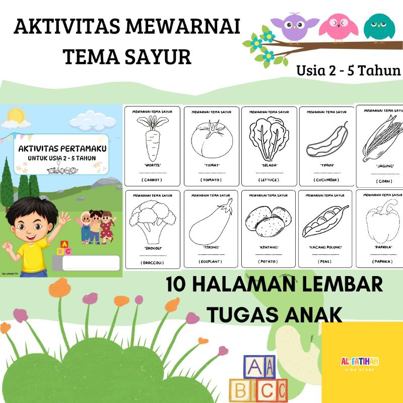 10 HALAMAN WORKSHEET MEWARNAI TEMA SAYUR LEMBAR TUGAS ANAK USIA 2 3 4 5 TAHUN