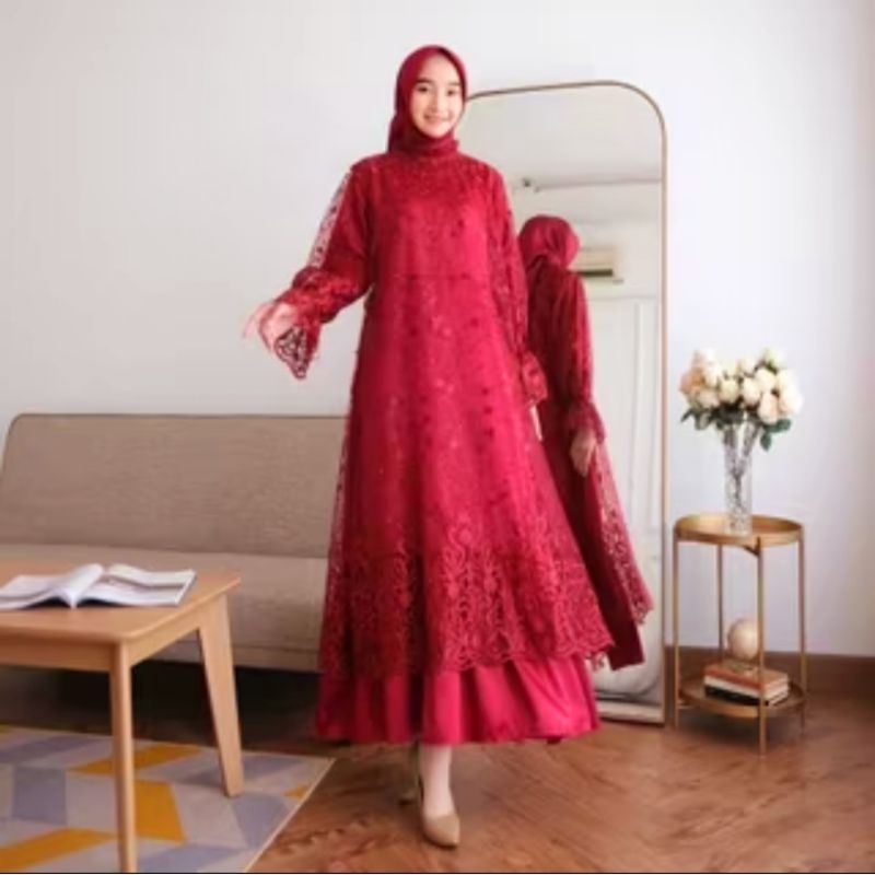 #A Gamis Fasha Inner + Outer Brukat Tile BordirMutiara Mewah / Dress Pesta Brokat