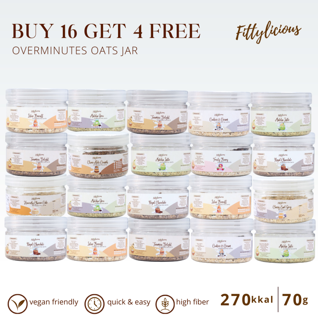 

Fittylicious DIY Overminutes Oats / Oatmeal / Sereal Oat BUY 20 Pcs / Greentea Latte / Lotus Biscoff / Cookies N Cream / Royale Chocolate / Tiramissu Delight / Overnight Oats Jar / Overnight Oats / Oatmeal