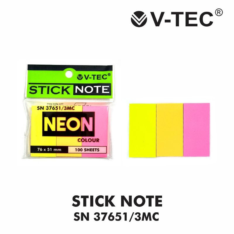 

V-TEC Stick Note SN 37651/3MC Uk. 76 x 51 mmWarna: 3 Warna (Mix Colour) Bahan: Kertas Isi: 100 Sheets