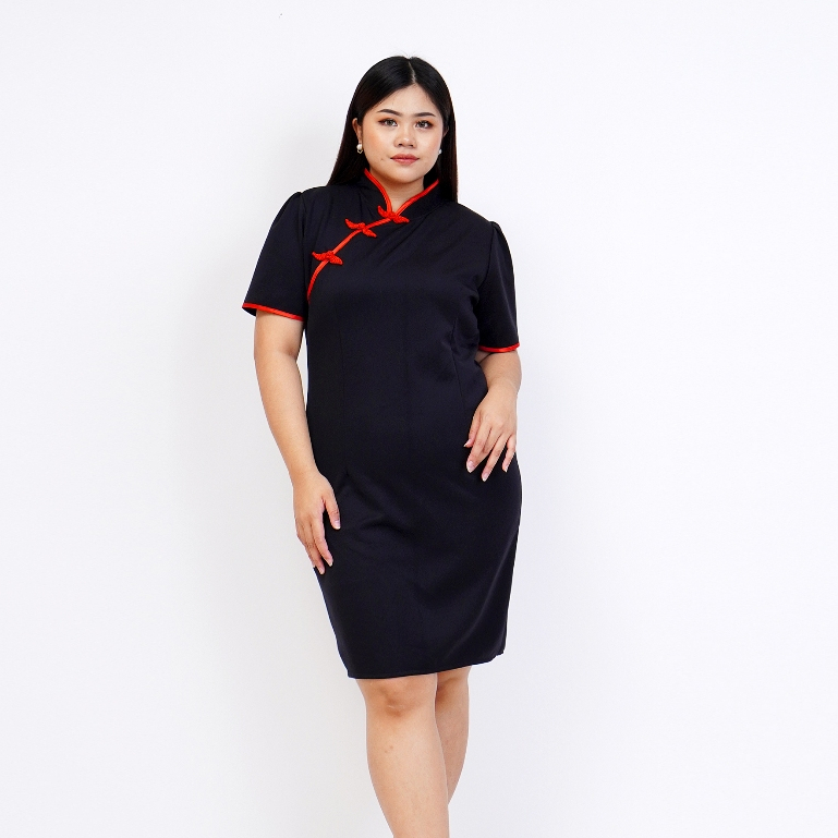 dress imlek cheongsam hitam kancing keong scuba