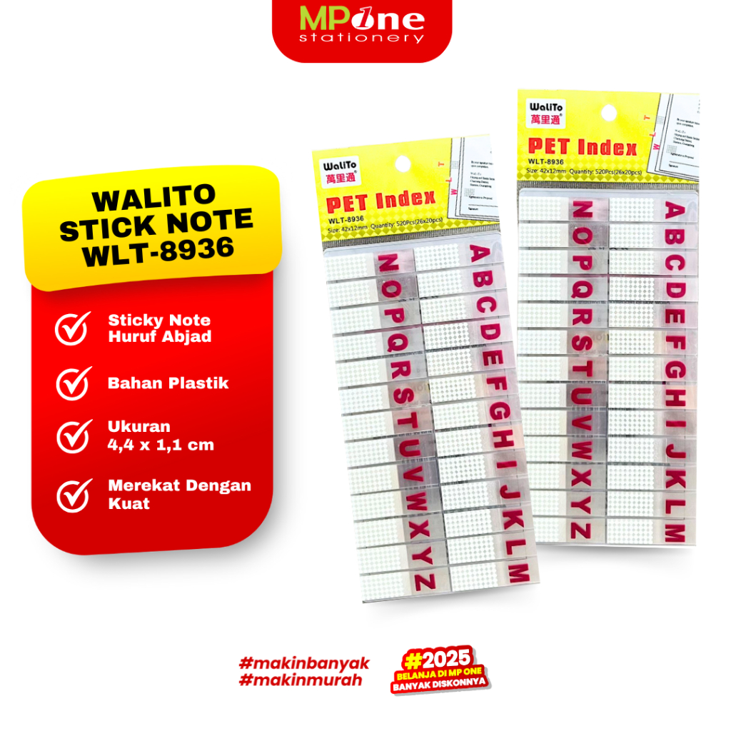 

(1 SHEET) Walito Sticky Note Huruf Abjad Pet Index WLT-8936 / Pembatas Buku Huruf WALITO 8936/ Stik Notes