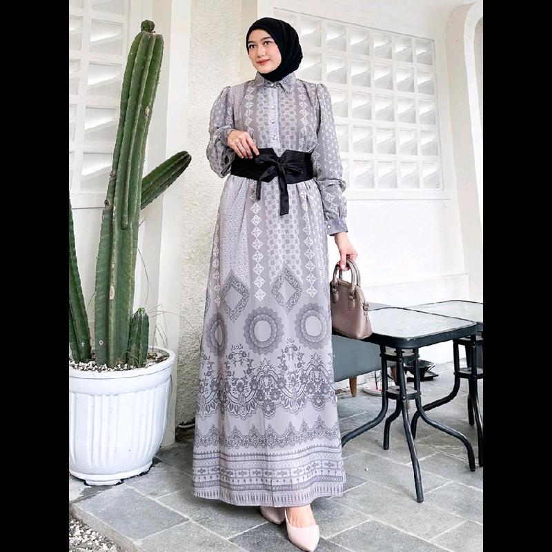 Gamis Motif Etnik Panjang Muna Dress Lebaran Bridesmaid Kondangan Wisuda Syari Muslim