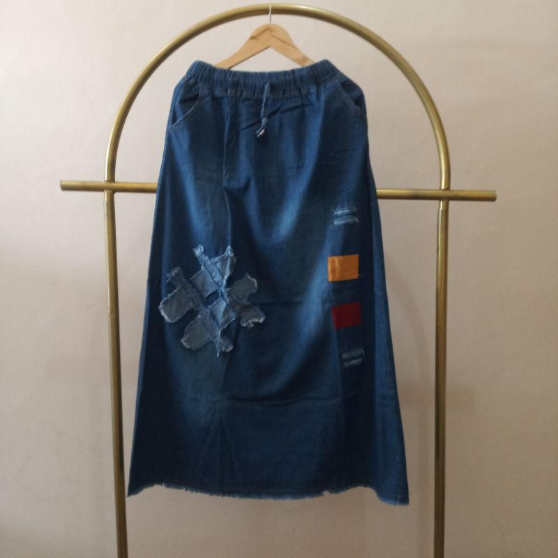 YB1 Rok Jeans Panjang Dewasa Tempelan Sobek Maxi Rok Denim Highwaist