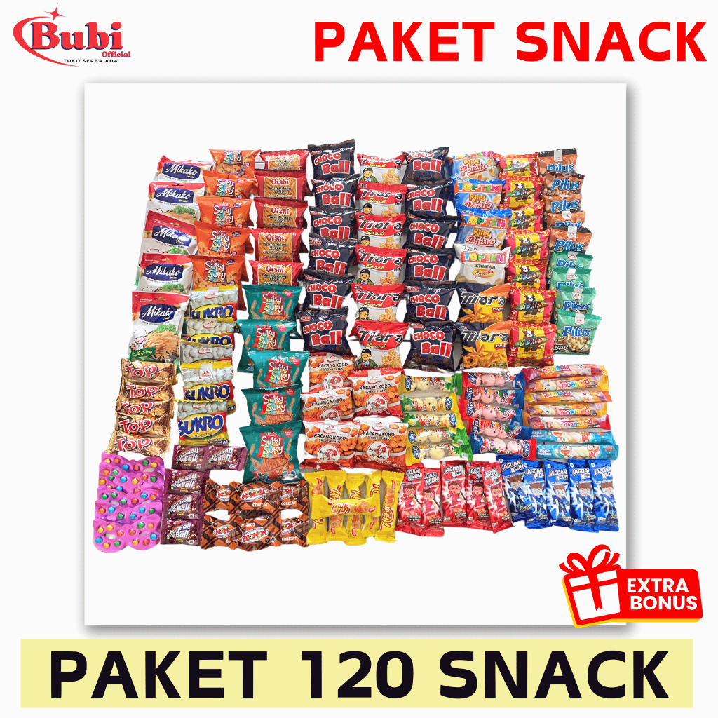 

PAKET SNACK ISI 120 pcs | PAKET JAJANAN ANAK | SNACK MURAH | FREE GIFT