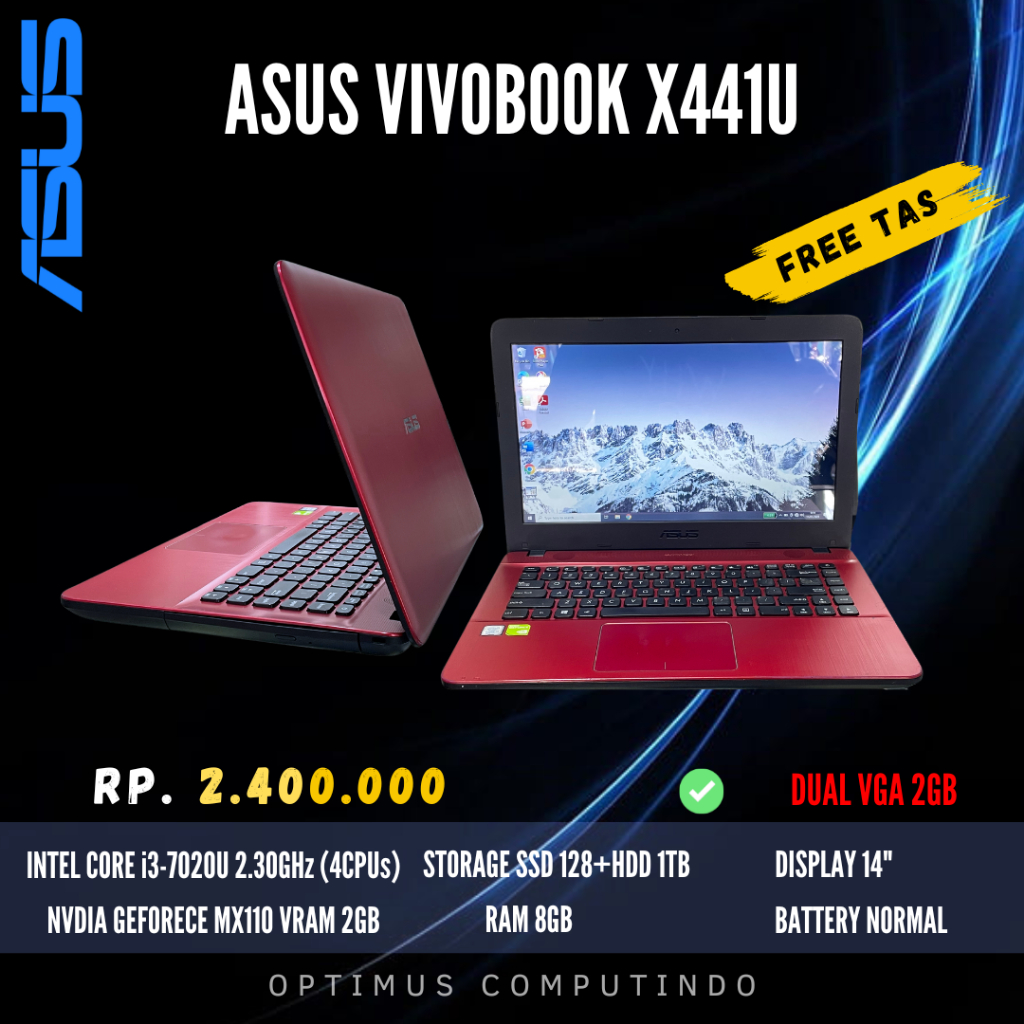 ASUS VIVOBOOK X441U INTEL CORE I3 GEN 7 RAM 8GB SSD DUAL VGA NVDIA