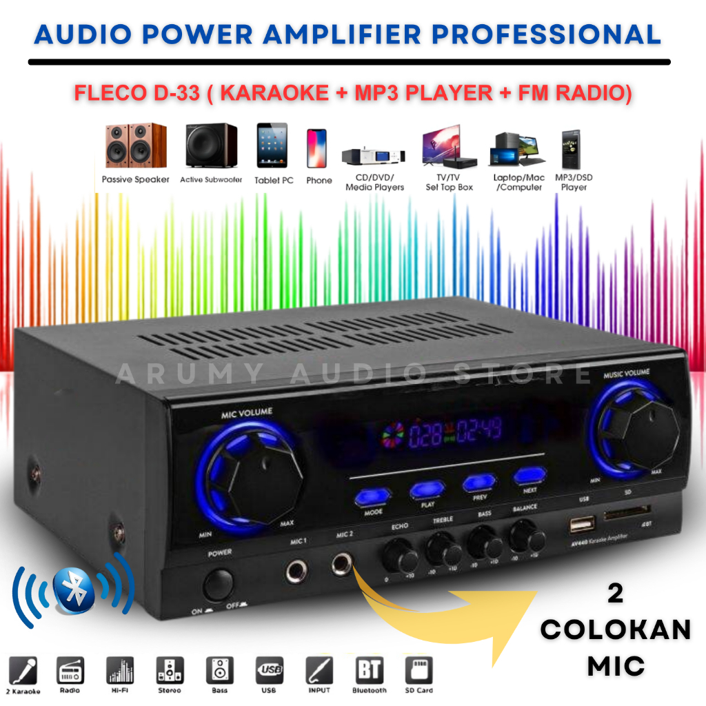 Amplifier FLECO D-33 BISA BASS, TREBEL, ECHO, BALANCE, Bluetooth, Stereo, 2 Mic Karaoke, Mp3 player,