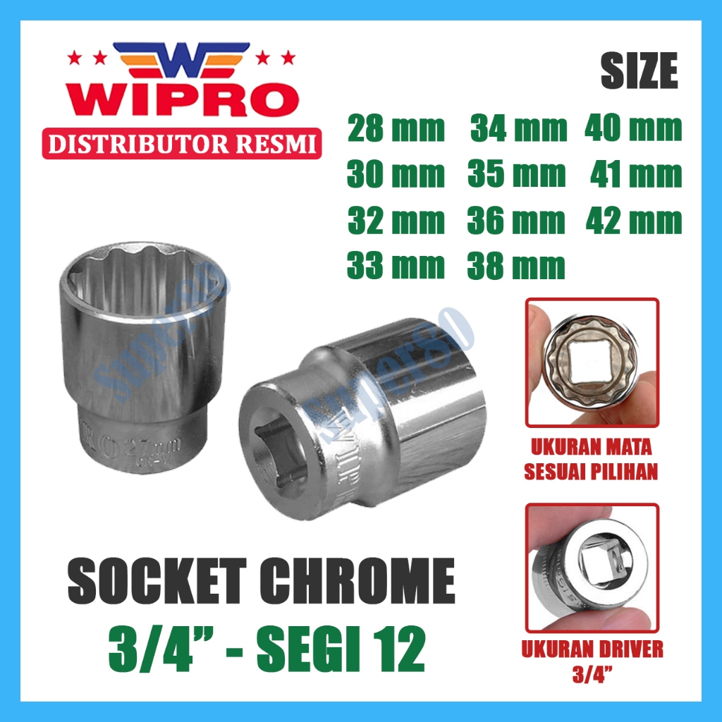Wipro Mata Kunci Sock Shock Chrome Sok Socket Bintang 3/4 inci 12 PT Segi 12 28mm 30mm 32mm 33mm 34m