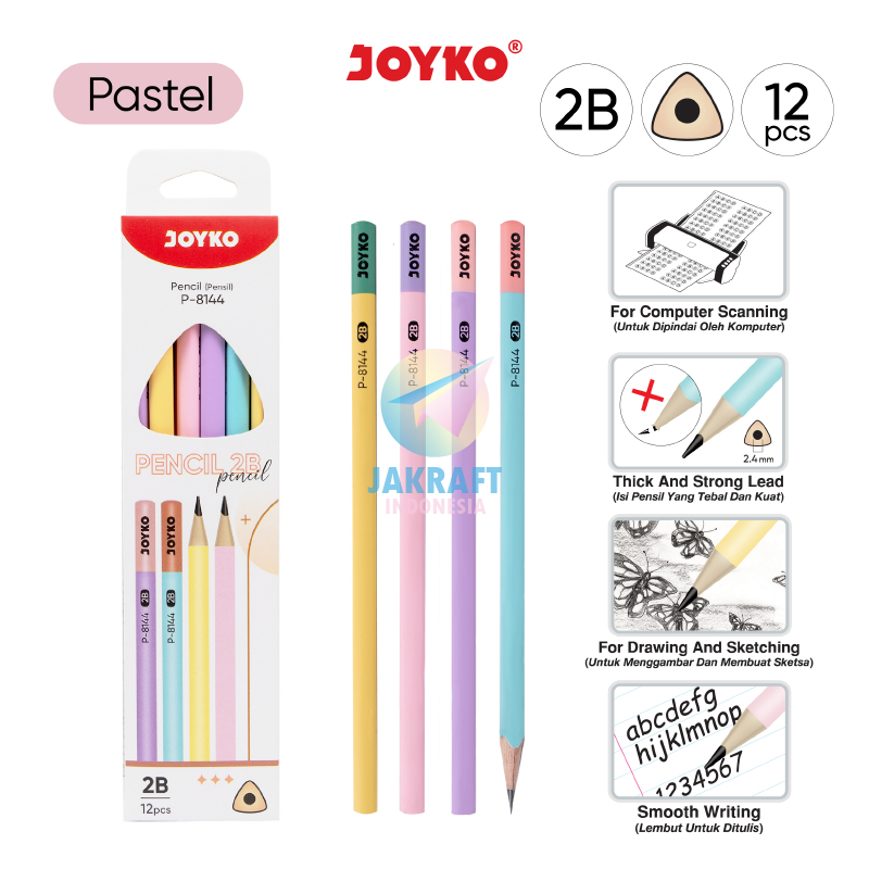 

(12 Pcs) Pensil Tulis Kayu 2B Segitiga JOYKO P-8144 Warna Pastel Triangle Pencil Serbaguna Murah Banget Berkualitas Ujian
