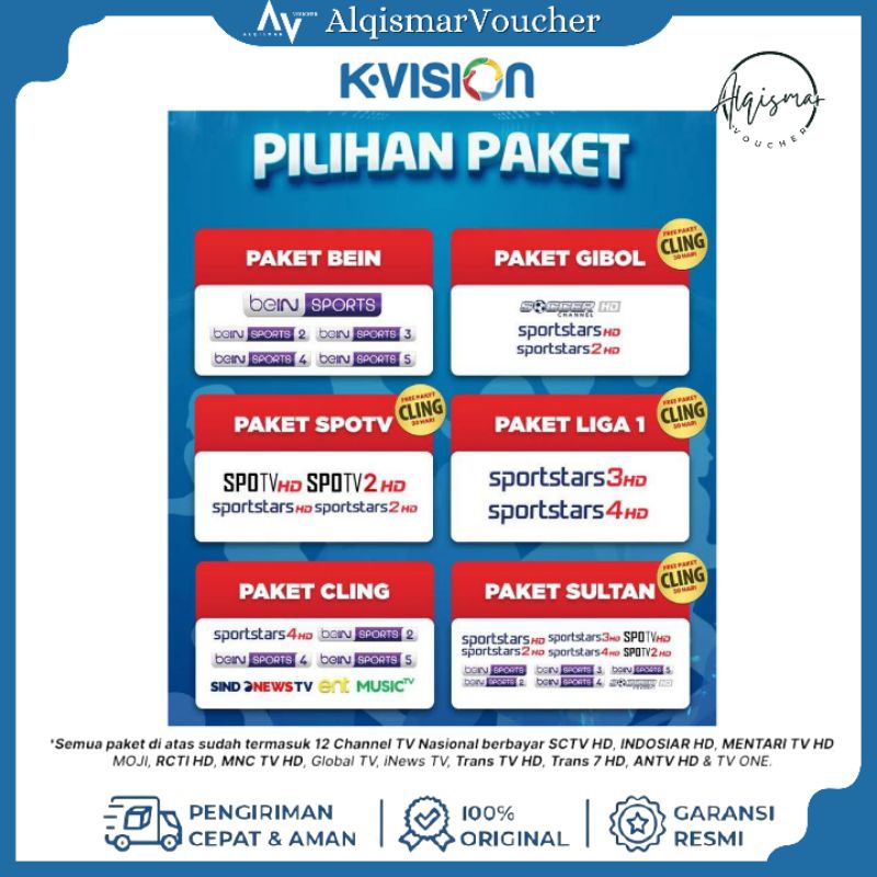 TV Voucher Paket  K-Vision 30 Hari Spotv | Cling | Beinsport | Gibol | Liga1 | Hanacaraka TV