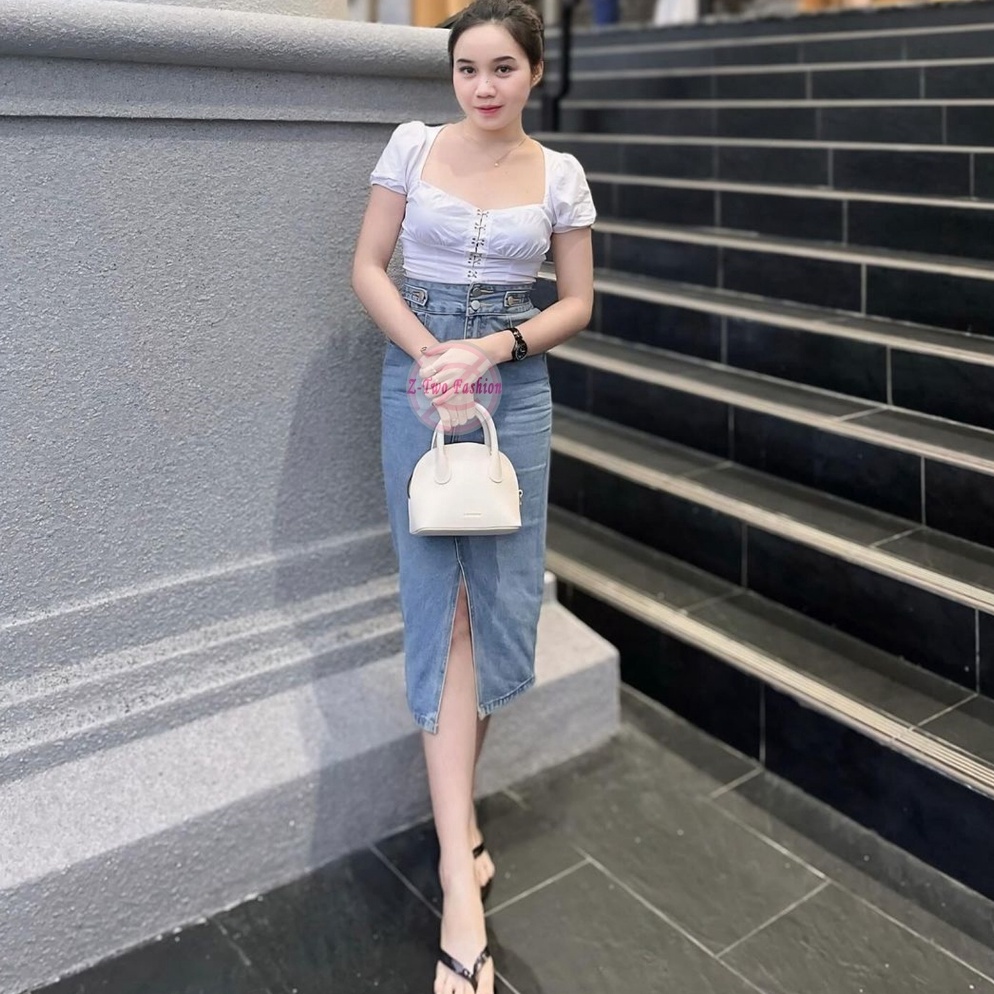 Get It Now ZTwo Fashion Highwaist Rok Jeans Melar Panjang 79 Belah Depan Doubel Button Seventyn Skir