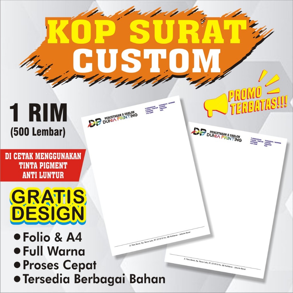 

Cetak Kop Surat F4 / A4 Full Color 1RIM / 500Lembar