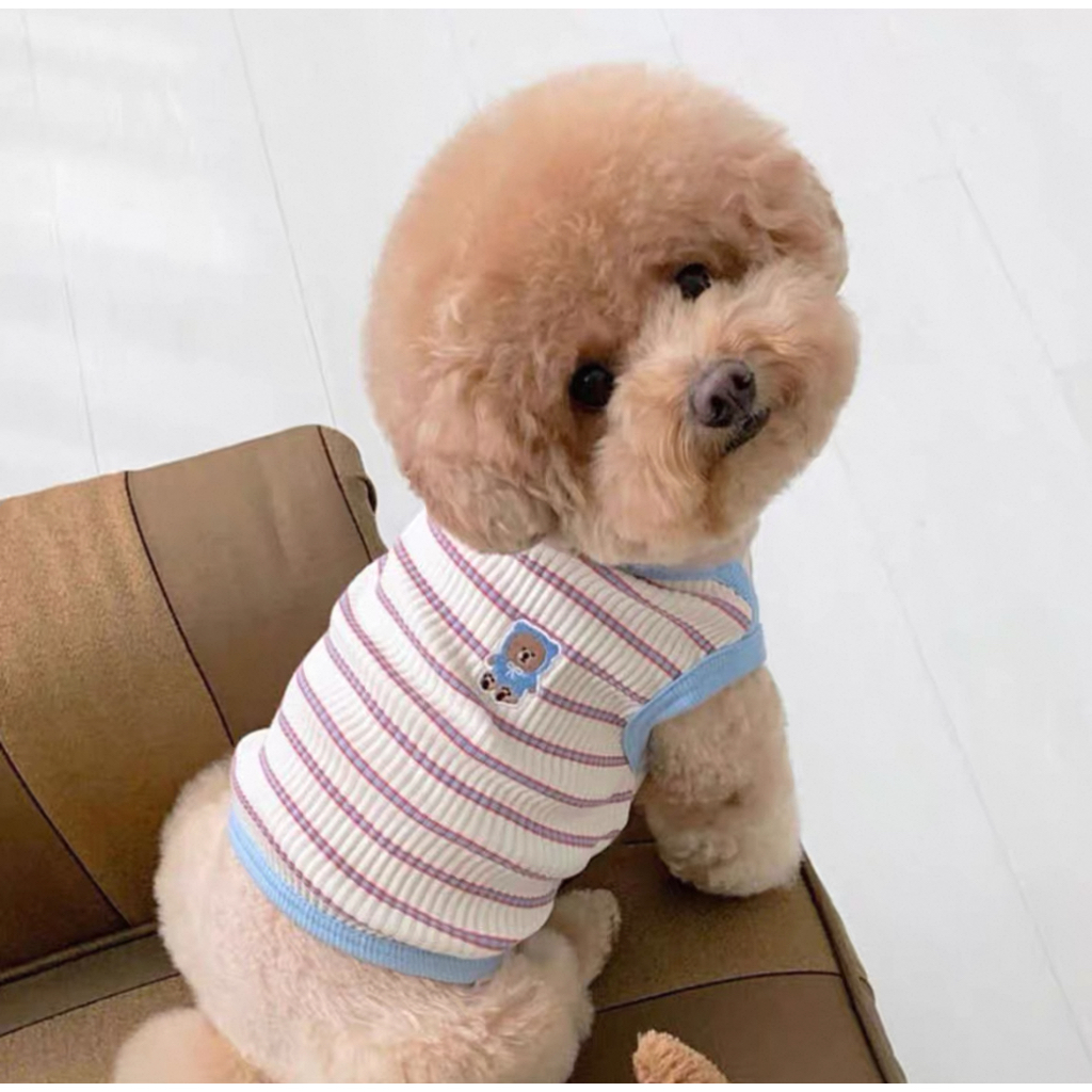 (Kuuki Pet Shop) - Baju Kaos Katun Sleeveless Kucing Anjing Garis-Garis Putih Biru Bordir