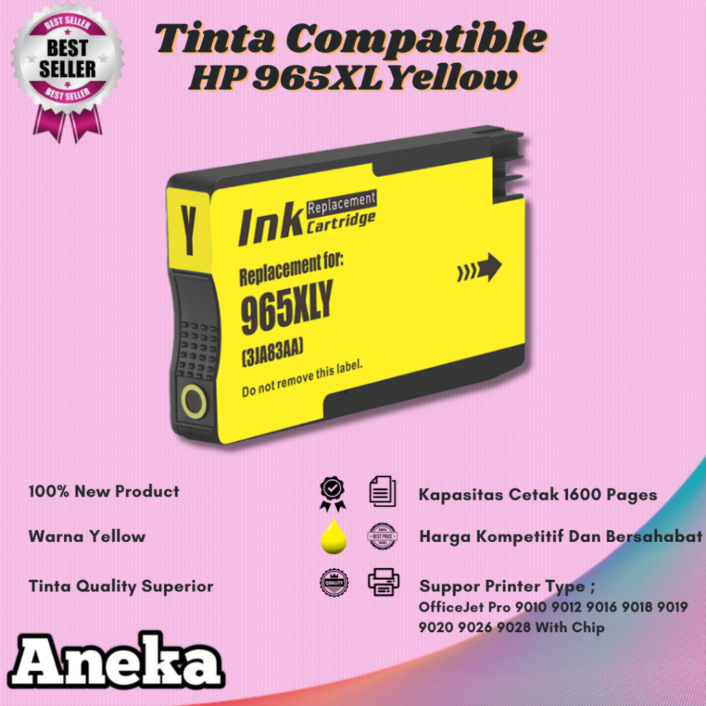 Cartridge Tinta Compatible HP 965XL 965 Yellow Printer OfficeJet Pro 9010 9018 Plus Chip