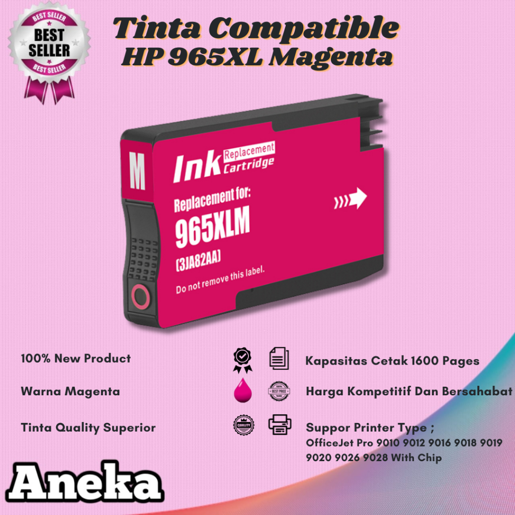Cartridge Tinta Compatible HP 965XL 965 Magenta Printer OfficeJet Pro 9010 9018 Plus Chip