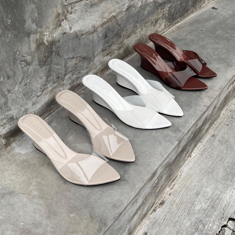 VALI Brisa Wedges 5CM (White Nude and Brown ) | Wedges Wanita 5CM | Wedges Transparan