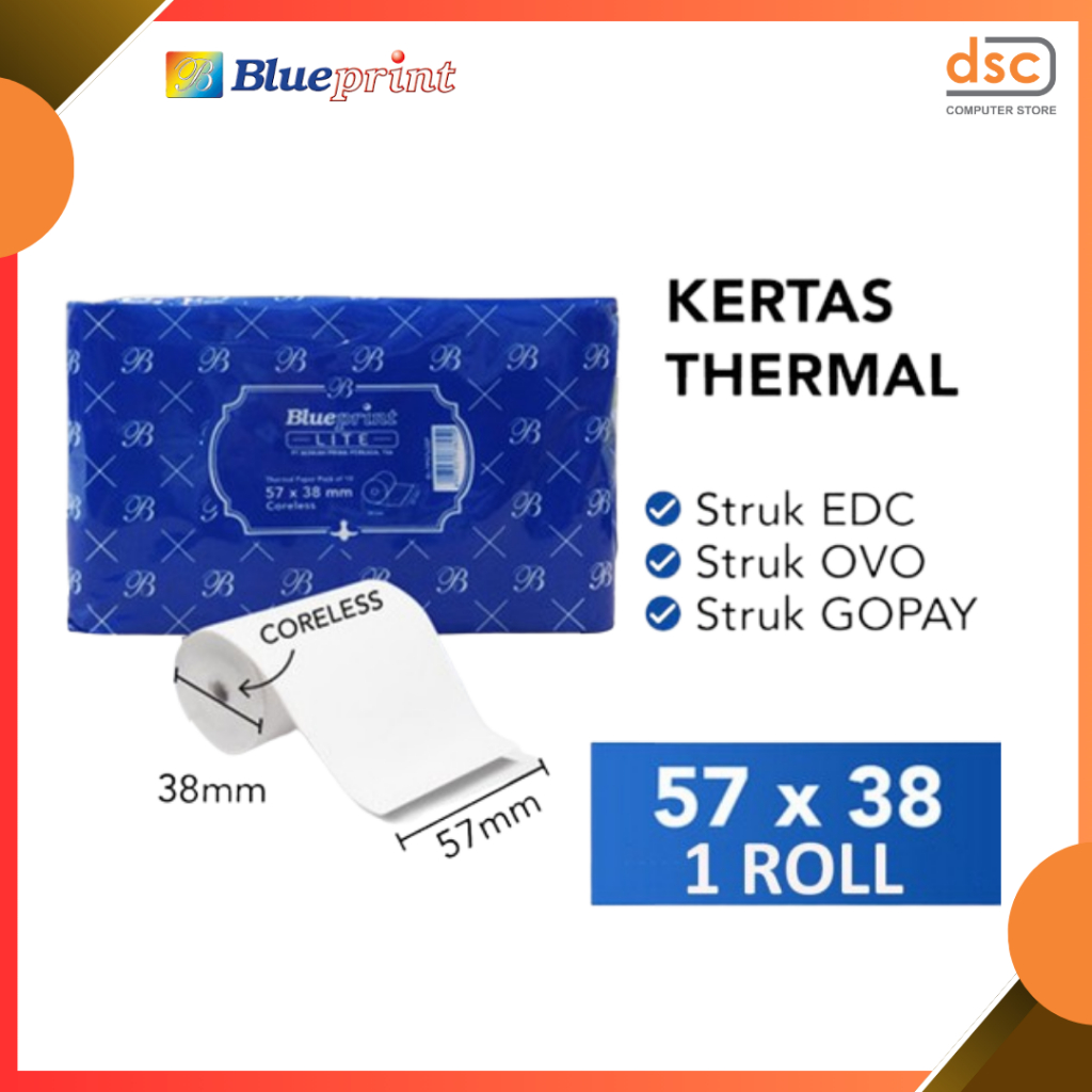 

Kertas Thermal Kasir Struk EDC 57x38 BLUEPRINT Lite 57x38 -1 Roll