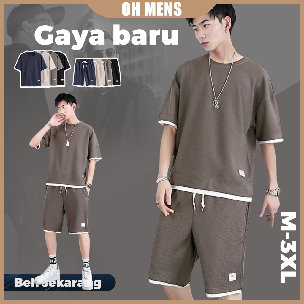 Baju Setelan Pria Baju Pantai Pria Satu Set Baju Oversize Pria Waffle Kaos Korea Style Pria 4 Warna