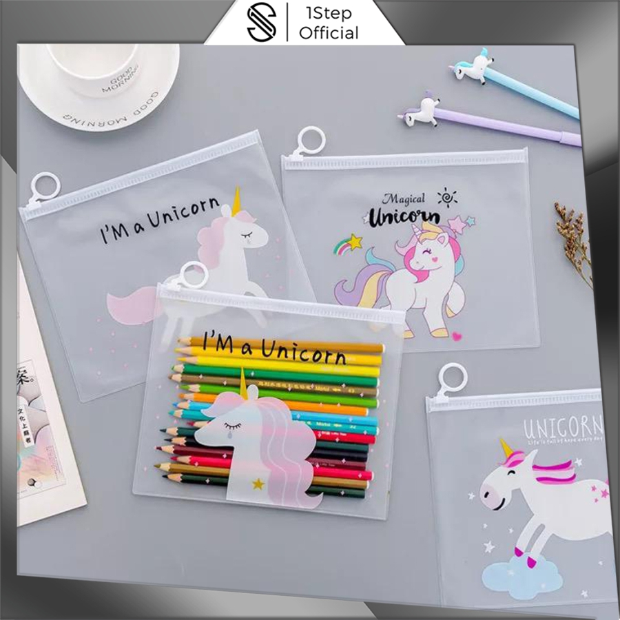 

1step Tempat Pensil / Tas Pounch Kosmetik Transparan Pencil Motif Karakter Unicorn Impor R079