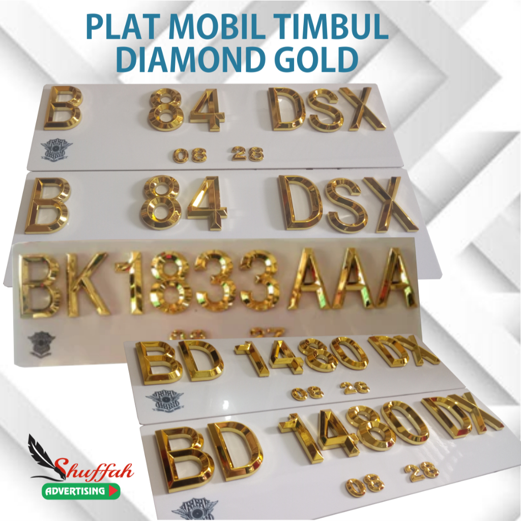 Plat Mobil Mewah Diamond Gold Plat Nomor Mobil Timbul Akrilik Lancip CHROME