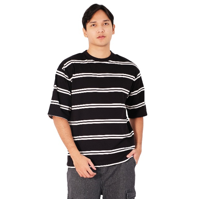 POSHBOY Kaos Oversize Warna Hitam Spesial Collection motif Garis Casual Original