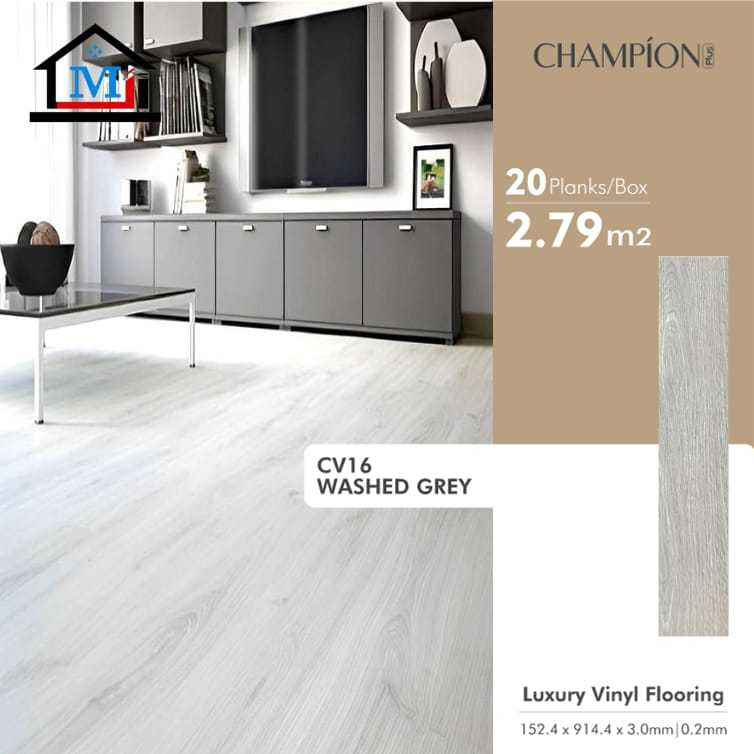 Champion CV16 Washed Grey Flooring Luxury Vinyl warna abu corak kayu ketebalan 3mm luasan 2,79m2 per