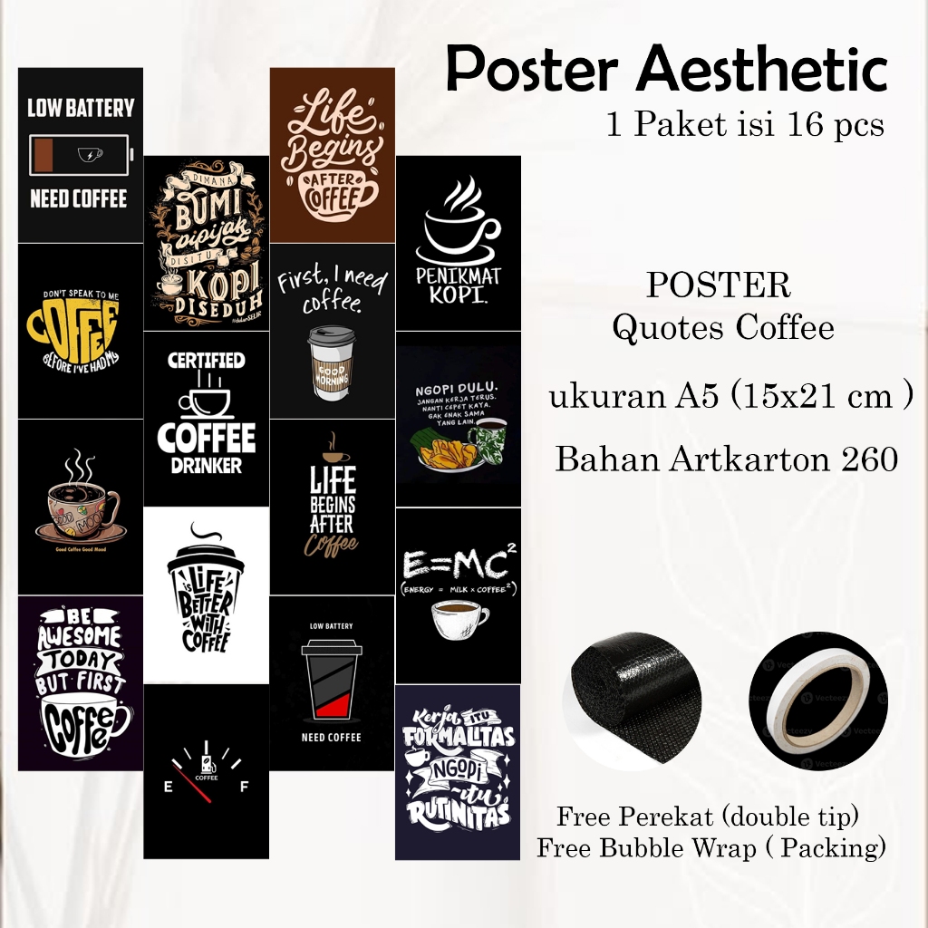 Poster Aesthetic Quotes Kopi - ukuran A5-A6  isi 16 pcs POSTER DINDING - Murah - Kualitas premium - 