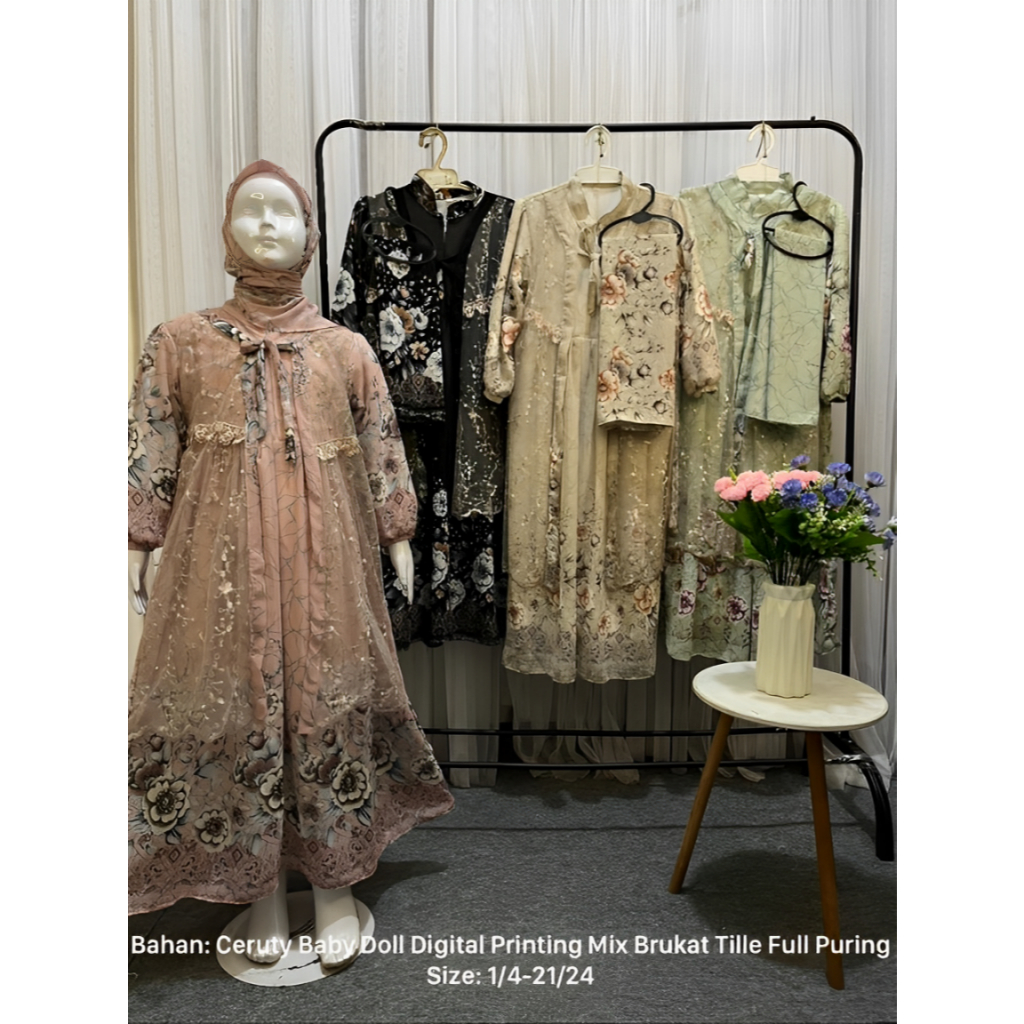 Gamis Ceruty Babydoll Mix Cardigan Tile Brukat Untuk Anak Perempuan Tanggung Usia 3-12 Tahun | Gamis