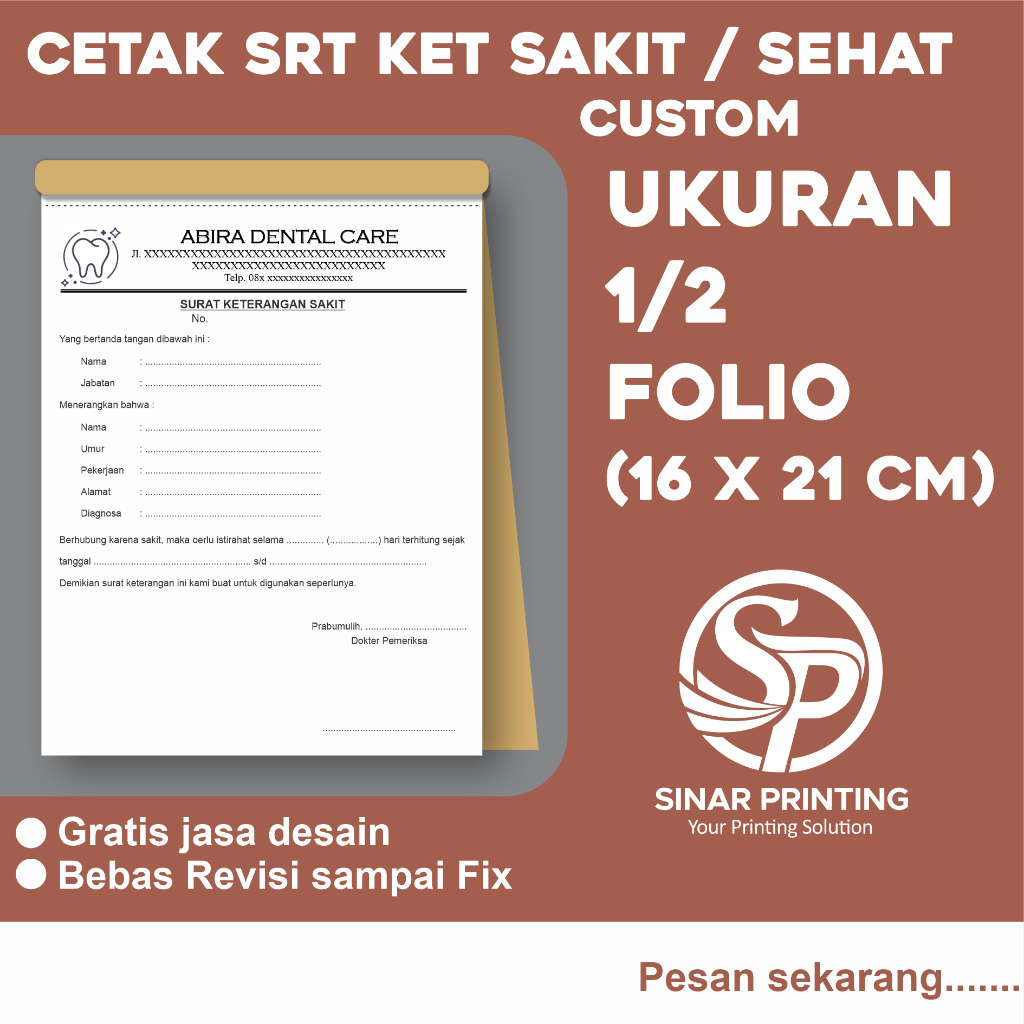 

Cetak Srt Ket Skt / Sht Untuk dr Custom Ukuran 1/2 Folio