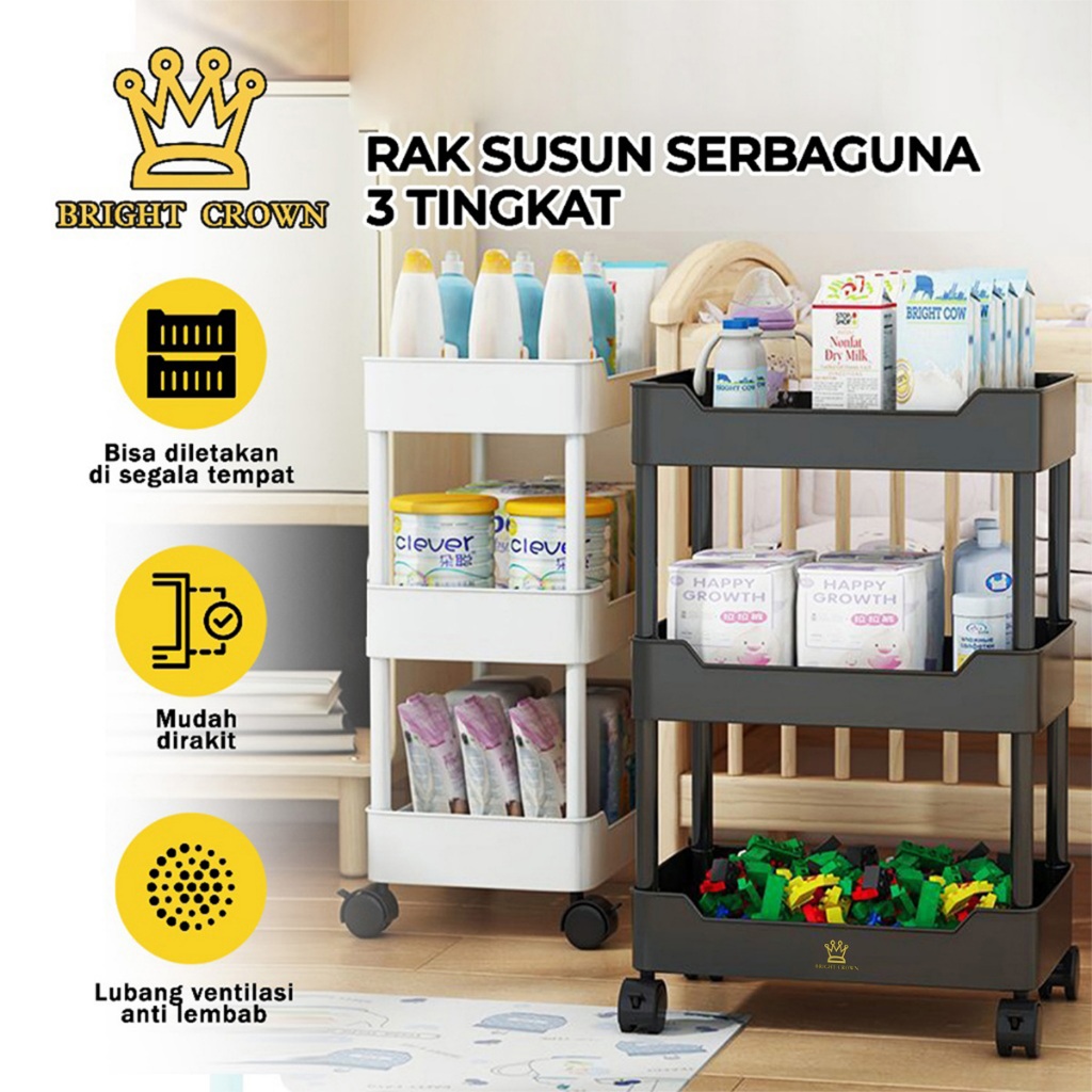 Bright Crown Rak Troli Roda Serbaguna 3 Susun Minimalis/Rak Kamar Mandi Dapur Persegi Panjang