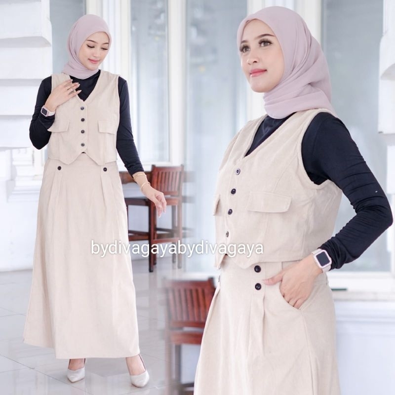 Setelan Wanita Haura Vest+Rok Bahan Corduroy Polos Kekinian