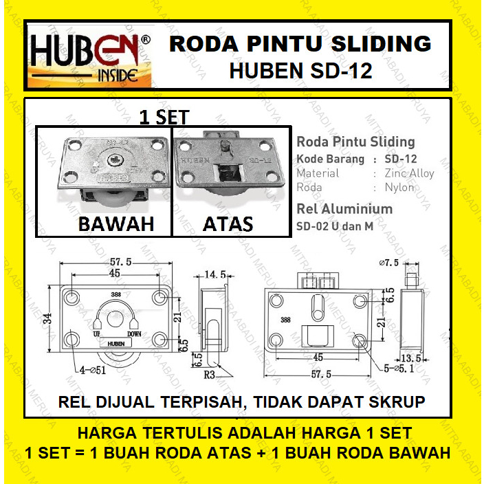Roda Pintu Lemari Sliding / Geser HUBEN SD-12 Roda Pintu Sliding