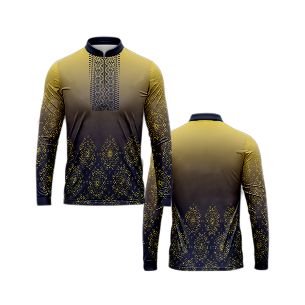 Baju Koko muslim Dewasa/Emas ke hitaman dengan Motif etnik berbentuk berlian dengan hiasan ornamen m