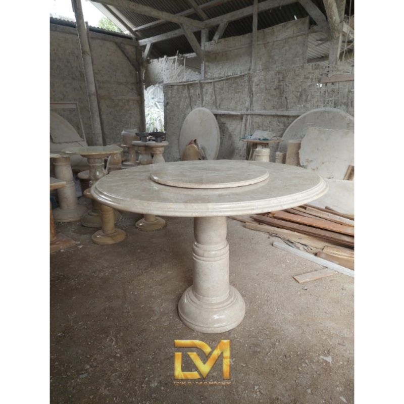 Meja Makan Bulat & Putar Batu Marmer Putih Krem Glossy