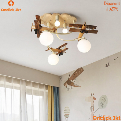 Lampu gantung LED klasik bentuk pesawat bahan kayu solid lampu gantung untuk kamar tidur anak