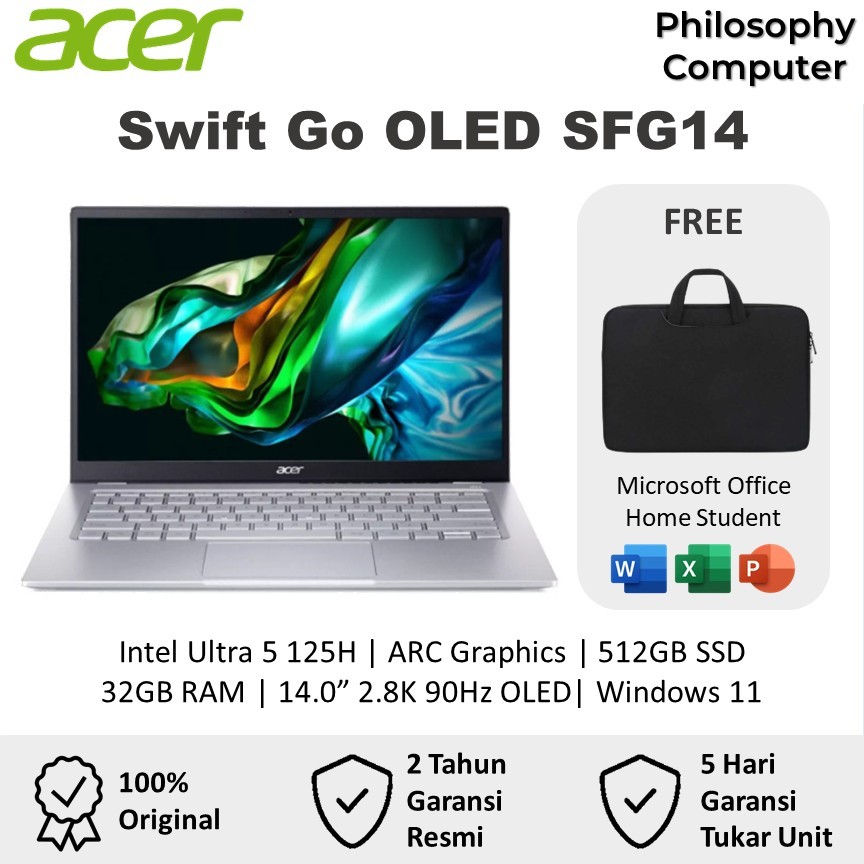 Laptop Acer Swift Go OLED SFG14 Intel Ultra 5 125H 32GB 512GB 14.0" 2.8K 90Hz EVO Windows 11 OHS