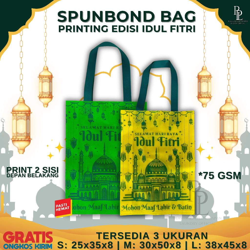 

SPUNBOND EDISI IDUL FITRI / LEBARAN 2025 | Tas Kain Hampers Lebaran | Goodiebag Tas Belanja Kain Model Tali UK 25 / 30 / 38
