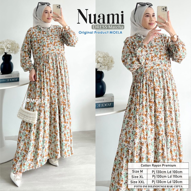 Alfihijabstore Nuami Folmi Dress Motif / midi motif 3.2 bersize M XL XXL ld 100-120 by MOELA  || NUA