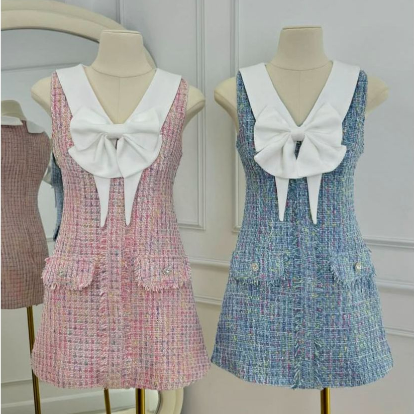 Tweed Dress Wanita Mini Dress Tweed BKK Dress Wanita Pita Bangkok Dress Lucu Wanita Motif Pita BKK D