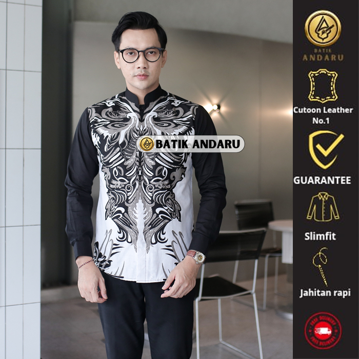 Batik Andaru Solo Motif Aiman Baju Qurta Koko Pria Cowok Laki Laki Dewasa Slimfit Lengan Panjang Ele