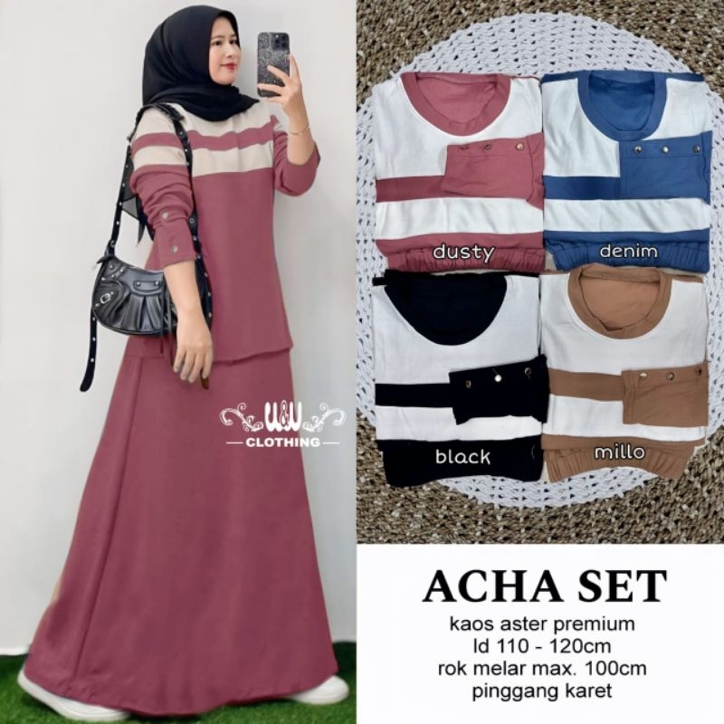ACHA SET | NALURITA SET SETELAN ATASAN DAN ROK PANJANG KAOS ASTER PREMIUM