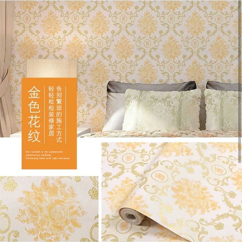 Wallpaper Dinding Motif Batik Kuning Gold Wallpaper Dinding Kamar Tidur Wallpaper Dinding Ruang Tamu