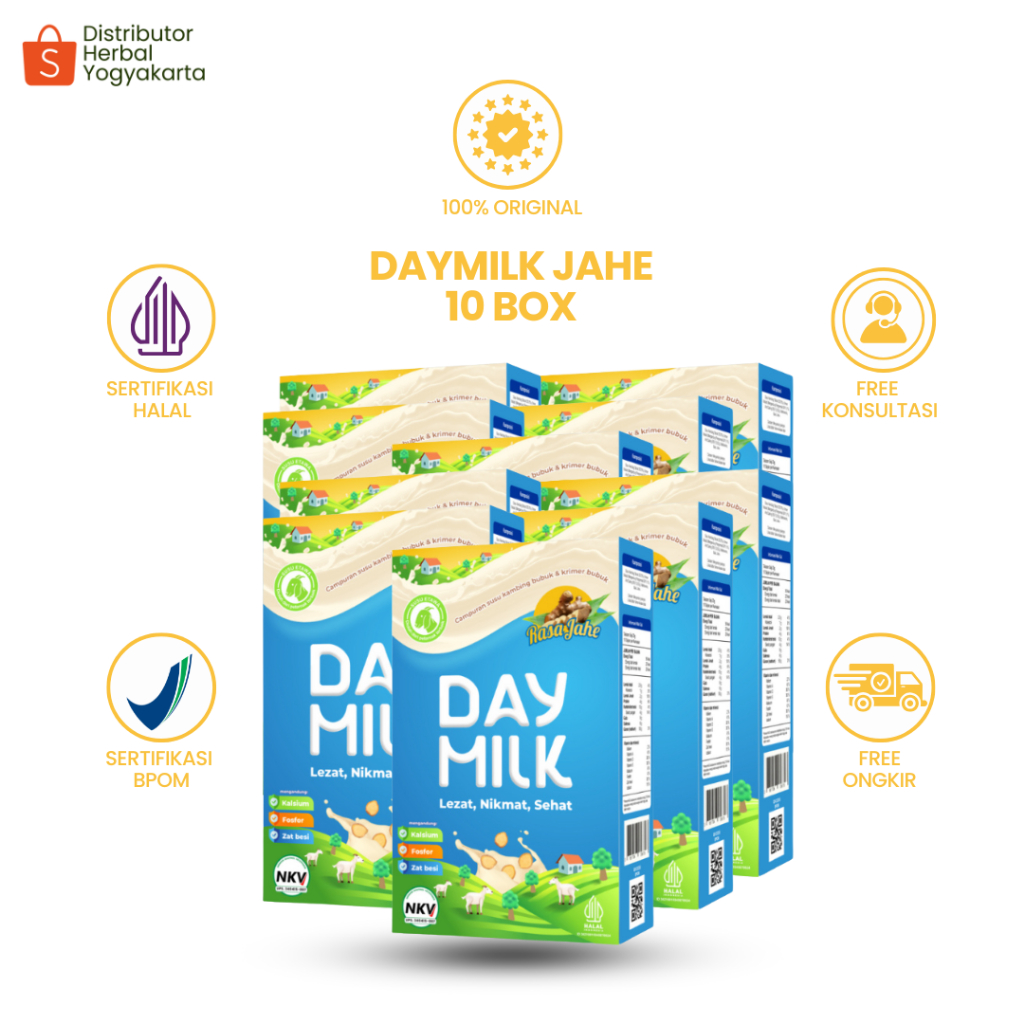 

Daymilk Rasa Jahe - Susu Kambing Etawa Untuk Tulang , Sendi , Pernafasan & Jantung - 10 BOX