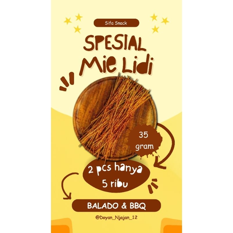 

Mie Lidi 35 g (5rb/2pcs) | camilan istimewa | camilan Kekinian | Snack viral | Snack kiloan | Snack kekinian.