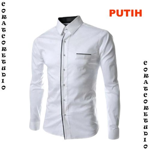 Kemeja Cowok Hem Pria 1 Kantong Saku Lengan Panjang Polos Garis Tengah WHITE PUTIH KOMBINASI HITAM B